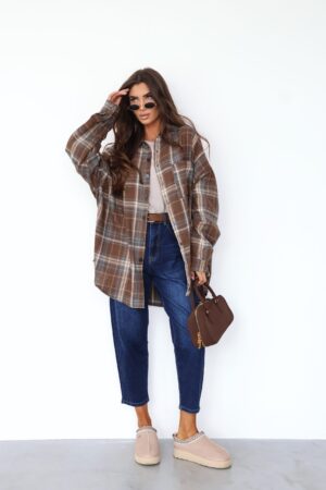 koszula w kratę brązowa oversize, na guziki, na zatrzaski, luźna