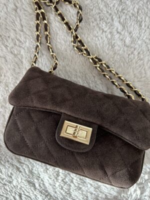 torebka zamszowa na lanuszku, madein italy, czekoladowa, mala, piekna