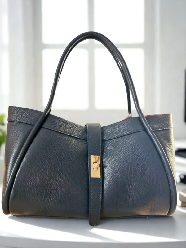 Torba elegance dark denim skorzana, made in italy, z paskiem, duza