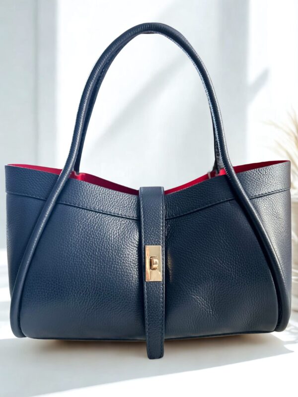 Torba elegance dark denim skorzana, made in italy, z paskiem, duza